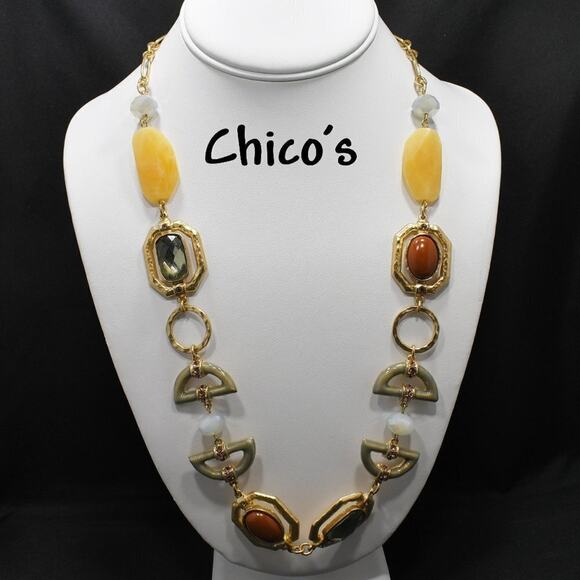 Chico’s Hammered Gold Link Necklace Faux Stones Enamel 29” Statement Jewelry - Picture 1 of 8